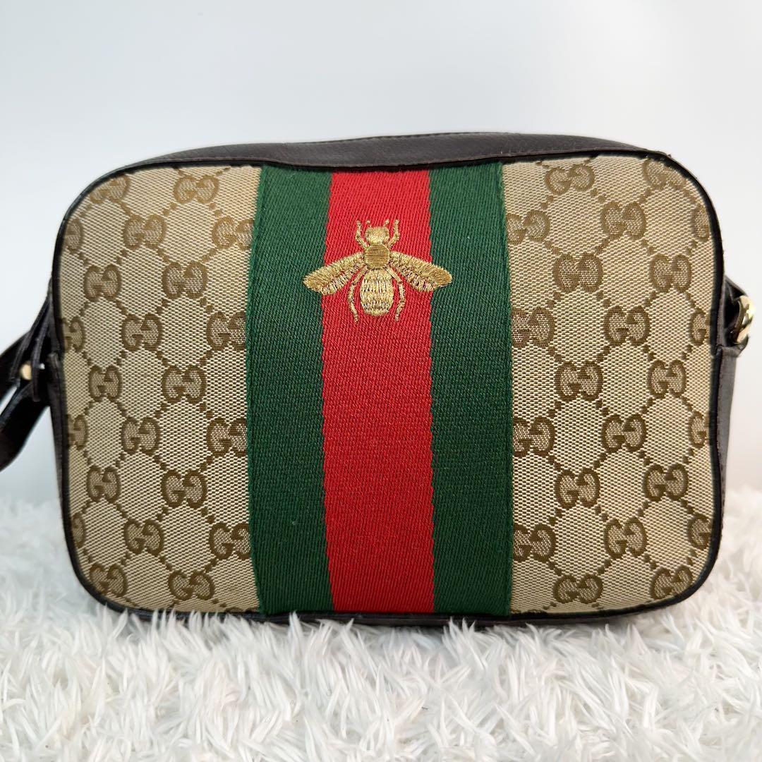 1円 グッチ GUCCI ショルダーバッグ シェリーラインGGスプリーム bee GG柄 GGスプリーム レザー クロスボディ ポシェット キャンバス 茶色