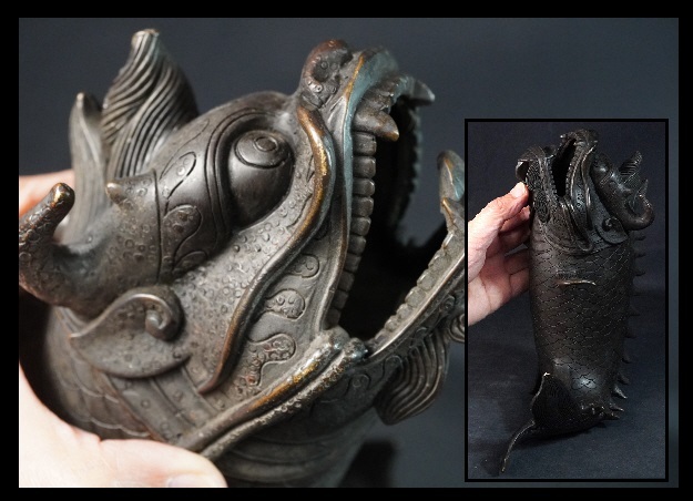 銅器　香炉　虎魚　獅子　煎茶道具　茶道具　茶室　香道具　骨董　時代　金属工芸品　唐物　古玩　重量約1228ｇ