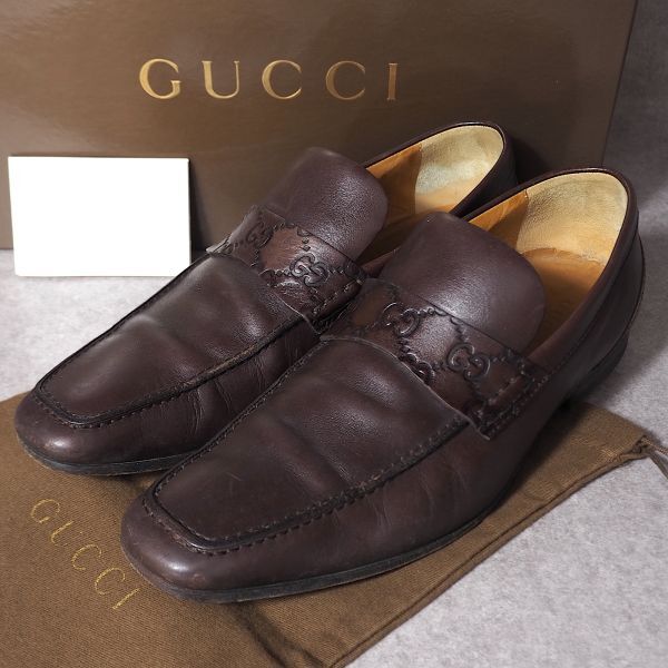  Gucci GUCCI 4-ZC135 с коробкой GG рисунок Brown кожа обувь Loafer Италия производства 40E темно-коричневый 40 мужской 