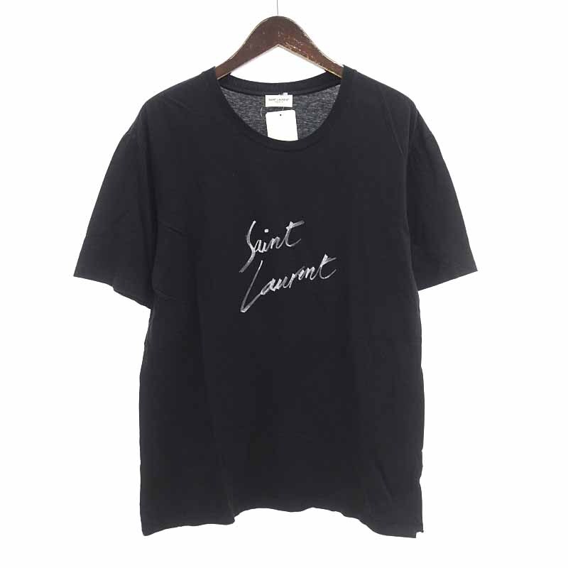 【PRICE DOWN】SAINT LAURENT PARIS 18SS オーバーサイズ シグネチャー ロゴプリント 半袖 カットソー Tシャツ ブラック メンズXSの画像1