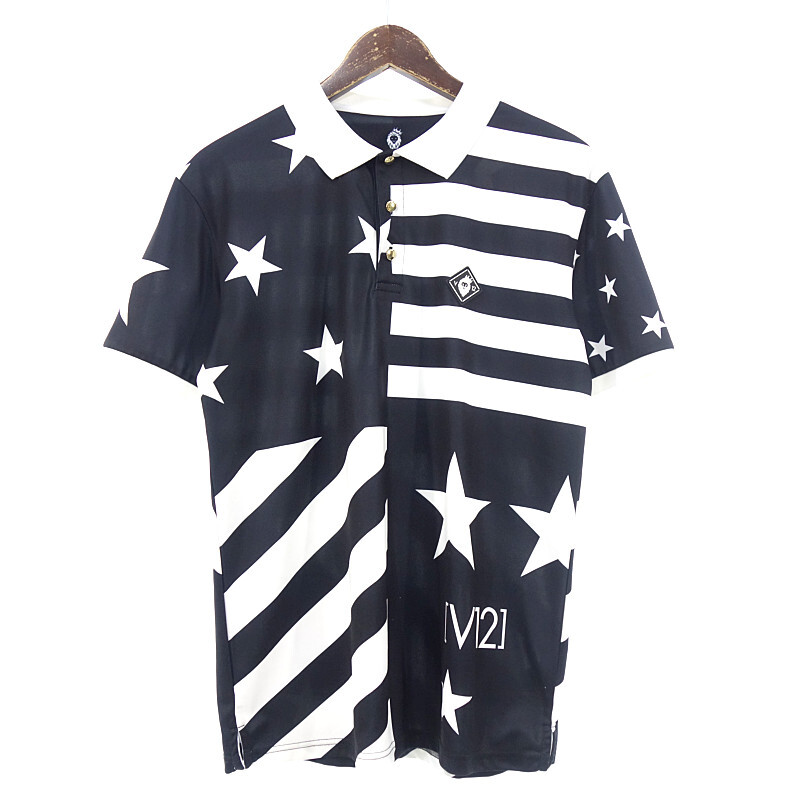 【PRICE DOWN】V12 AMERICAN POLO ゴルフ アメリカン ストレッチ 半袖 ポロ シャツ ブラック×ホワイト メンズMの画像1