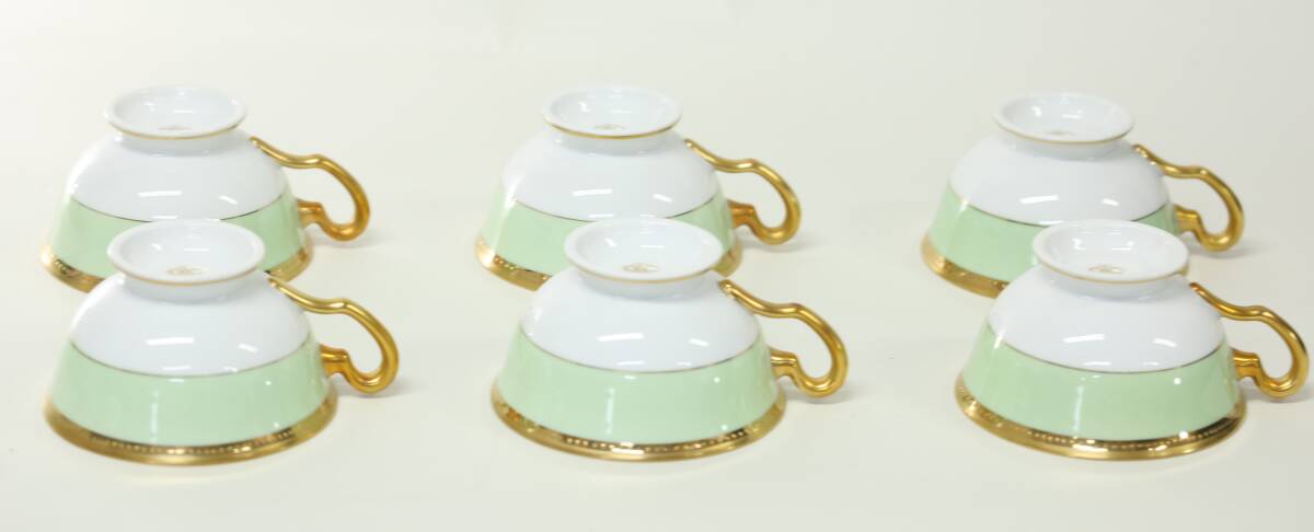 京都⑧◆OKURA 大倉陶園 ティーカップ ソーサー 6客 セット グリーン ゴールドライン カップ コーヒーカップ 食器 口径9cmの画像3