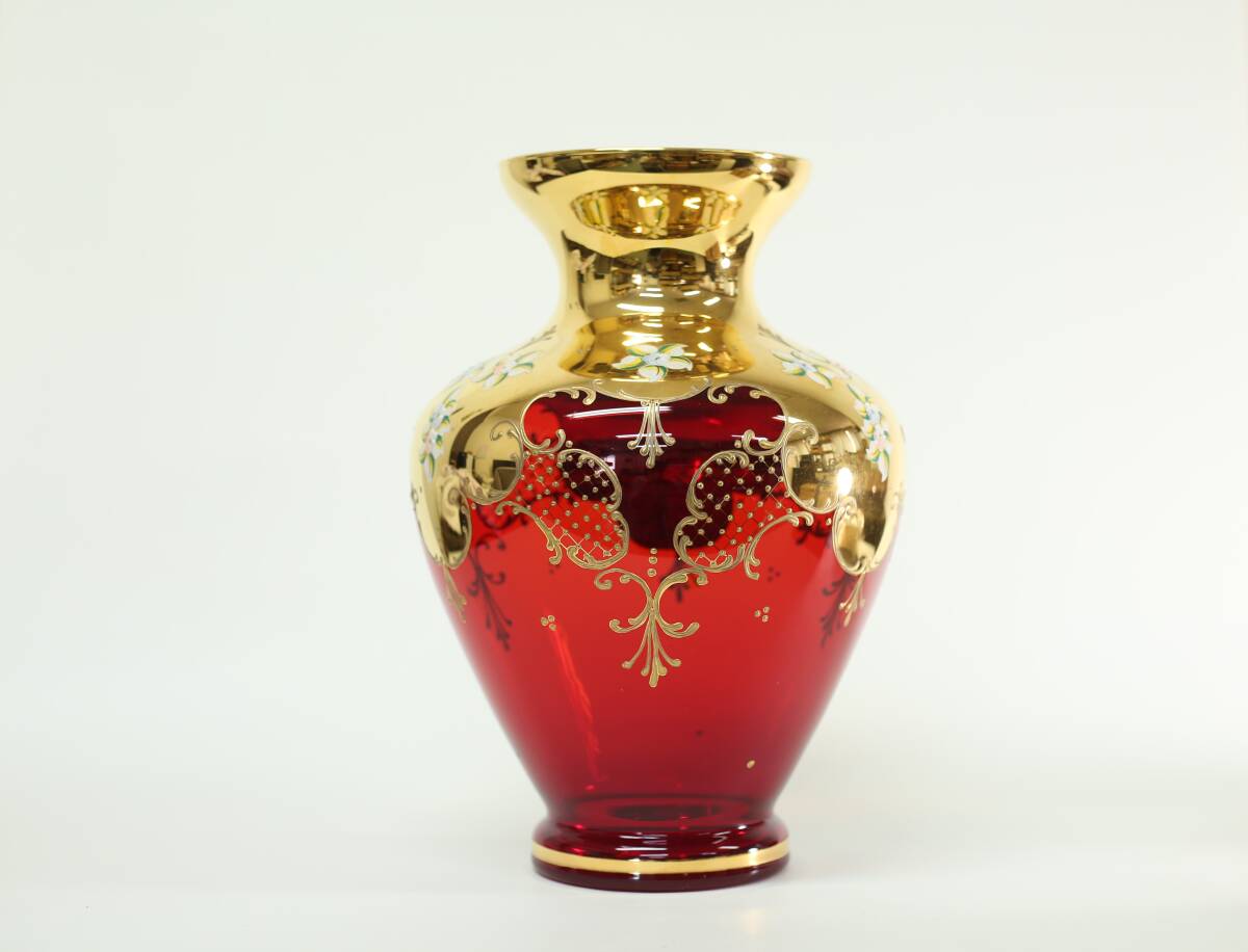 京都⑩◆MURANO ムラノ ムラーノ ベネチアンガラス 花瓶 壺 フラワーベース イタリア 製 ガラス 金彩 シール 付 インテリア 高さ約32.5cmの画像1