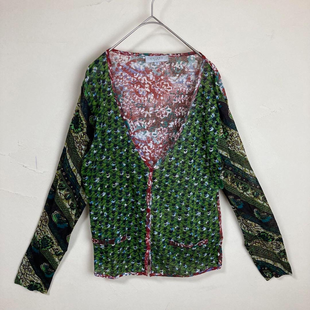 [ cardigan total pattern thin flax 100%linen green red black white old clothes ]