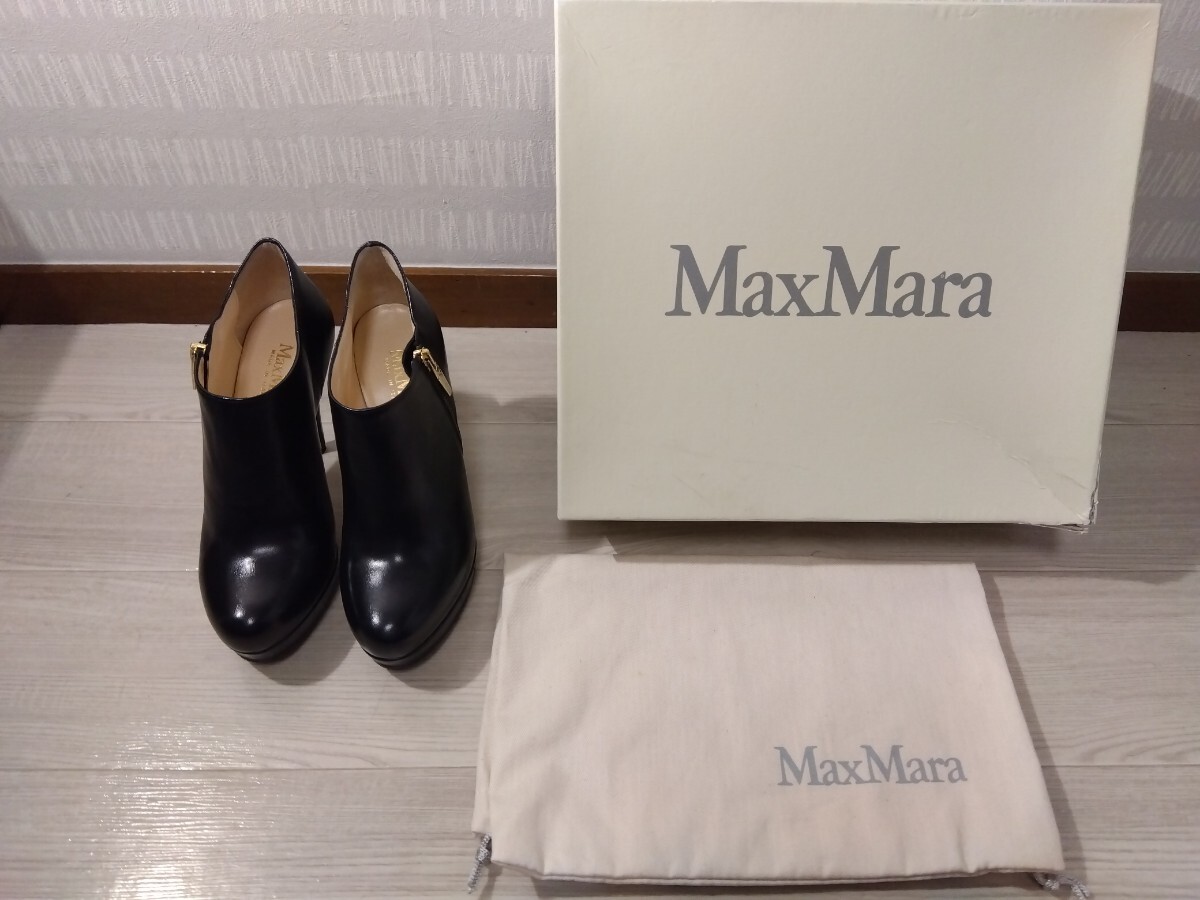 【F430】【ほぼ未使用】 Max Mara マックスマーラ レザー ショート ブーツ 36 1/2 約23.5cm ブラック イタリア製 ハイヒール 高さ約10cmの画像1