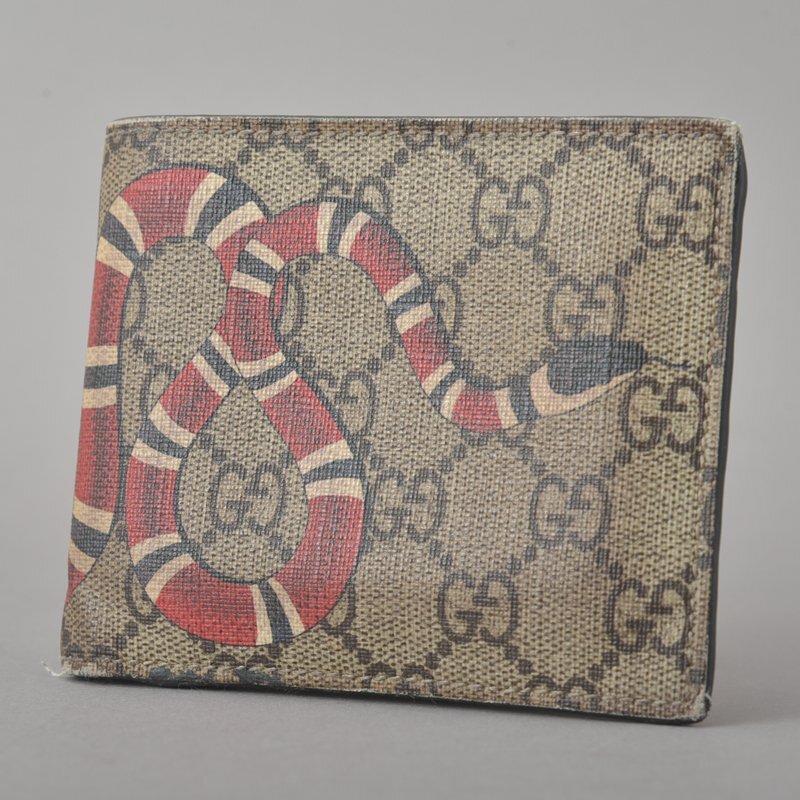 1円 グッチ GUCCI スネーク プリント 二つ折り 財布 GGスプリーム ベージュ レッド 451266 レザー コンパクト ウォレット 蛇 ※k.a_画像2