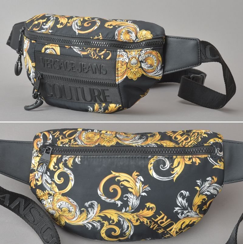 VERSACE JEANS COUTURE Versace body bag waist bag ba lock pattern nylon black Gold pouch bag *a.e/a.b