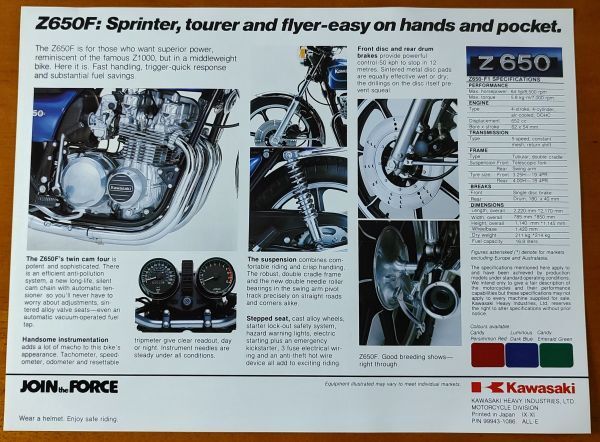 Kawasaki(カワサキ) Z650F Sprinter,tourer and flyer-easy on hands and pocket. 英語版カタログ 1980年前後の画像2