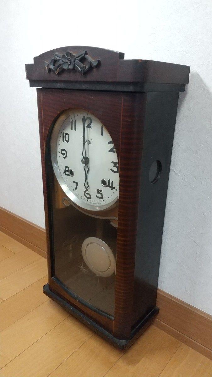 【完動品】アンティーク 木製 明治時計 ゼンマイ式 柱時計 手巻 振り子時計 ボンボン時計 古時計 掛け時計 掛時計 昭和レトロ