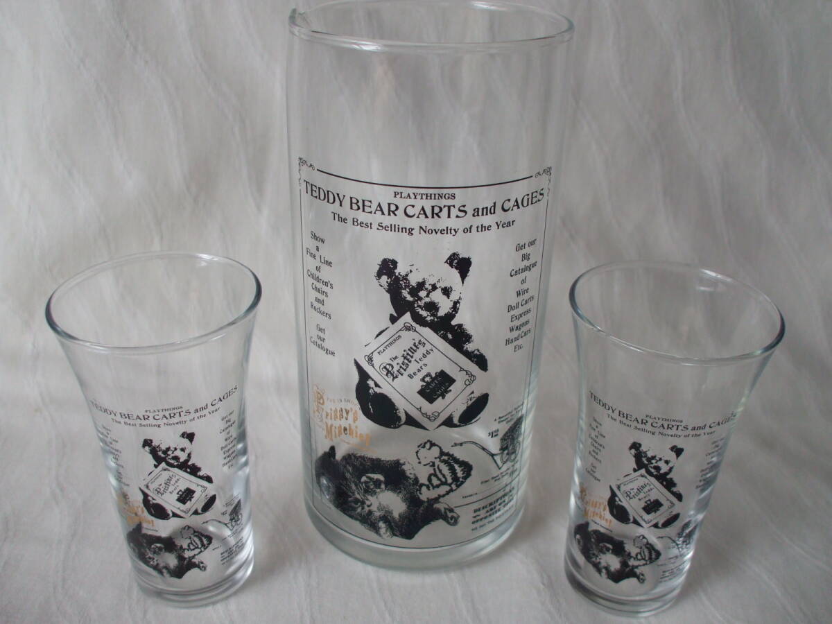 テディベア＆キャット ピッチャー＆グラス 2個セット ガラスピッチャー  デキャンタ ネコ 猫 カントリー雑貨 の画像1