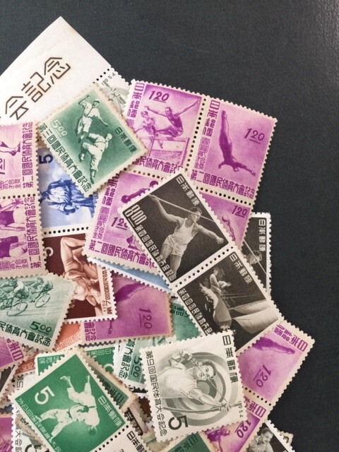 国体切手 未使用ロット 100枚以上（単片換算） 第2回国体～第9回国体 単片・連刷・田型など の画像2