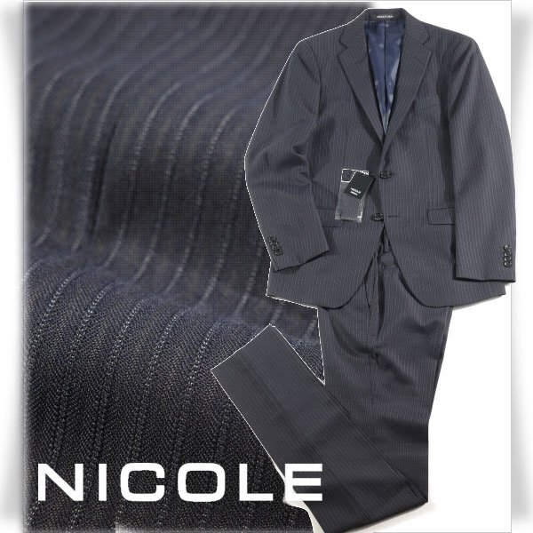 新品1円～★ニコル セレクション NICOLE selection ウール毛 ストライプ シングルスーツ 46 M 紺 ノータック 春秋冬スリーシーズン◆8209◆_画像1