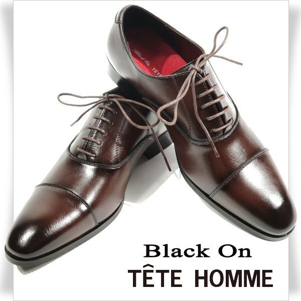 新品1円～★Black On TETE HOMME テットオム アクションレザー ビジネスシューズ 26.5cm ダークブラウン 濃茶 ストレートチップ ◆8397◆_画像1