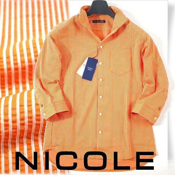 新品1円～★ニコル セレクション NICOLE selection メンズ 七分袖 ストライプ サッカー生地シャツ 46 M 綿 ワイヤーカラー ◆9198◆の画像1