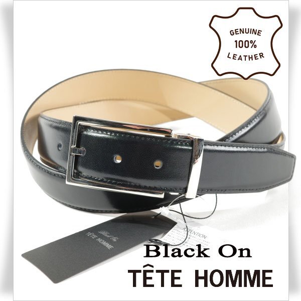 新品1円～★定価0.9万 Black On TETE HOMME テットオム 牛革レザー ビジネスベルト フリーサイズ 本革 黒 ブラック 本物◆9339◆の画像1