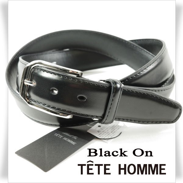 新品1円～★定価0.9万 Black On TETE HOMME テットオム 牛革レザー ビジネスベルト フリーサイズ 本革 黒 ブラック 本物◆9729◆_画像1