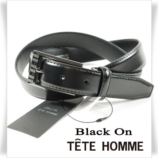 新品1円～★定価0.9万 Black On TETE HOMME テットオム 牛革レザー ビジネスベルト フリーサイズ 本革 黒 ブラック 本物◆9732◆の画像1