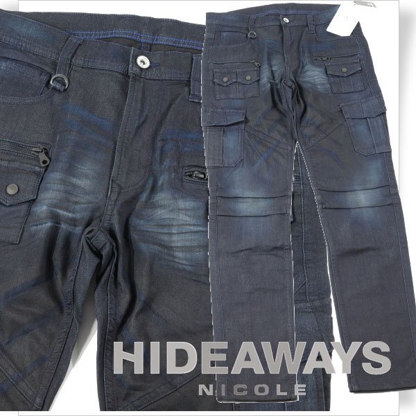 新品1円～★定価1.6万 HIDEAWAYS NICOLE ハイダウェイ ニコル 多ポケットカーゴパンツ 44 S ストレッチ ネイビー デニム ◆9764◆