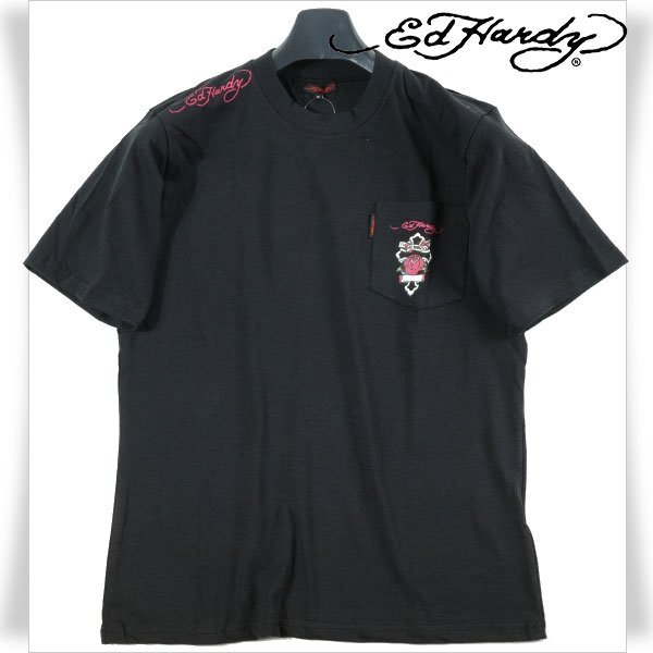 新品1円～★Ed Hardy エドハーディー メンズ 半袖 コットン綿 天竺 ポケット付き Tシャツ L 黒 ブラック クルーネック カットソー ◆9829◆の画像1