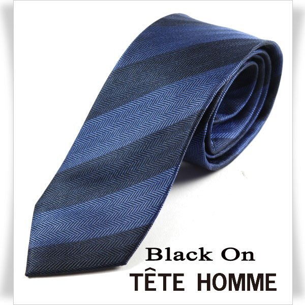 新品1円～★Black On TETE HOMME テットオム シルク絹100％ ネクタイ ストライプ ネイビー 正規店本物◆9960◆