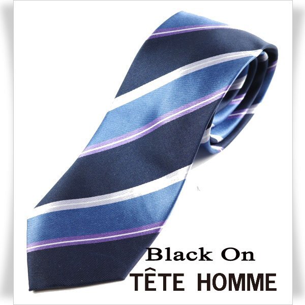 新品1円～★Black On TETE HOMME テットオム シルク絹100％ ネクタイ ストライプ ブルー ネイビー 正規店本物◆9953◆の画像1