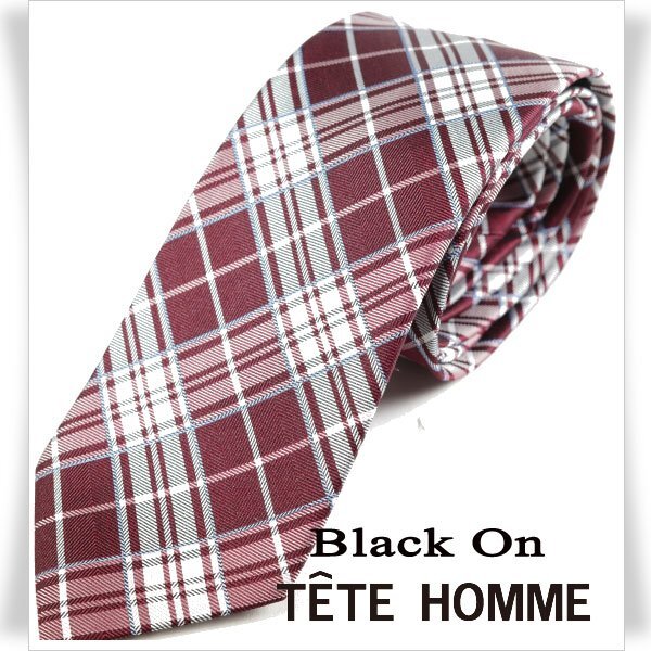 新品1円～★Black On TETE HOMME テットオム シルク絹100％ ネクタイ ボルドー チェック 正規店本物◆9967◆の画像1