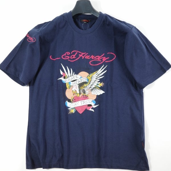 新品1円～★Ed Hardy エドハーディー メンズ 半袖 コットン綿 天竺 Tシャツ LL ネイビー クルーネック カットソー ◆1257◆の画像4