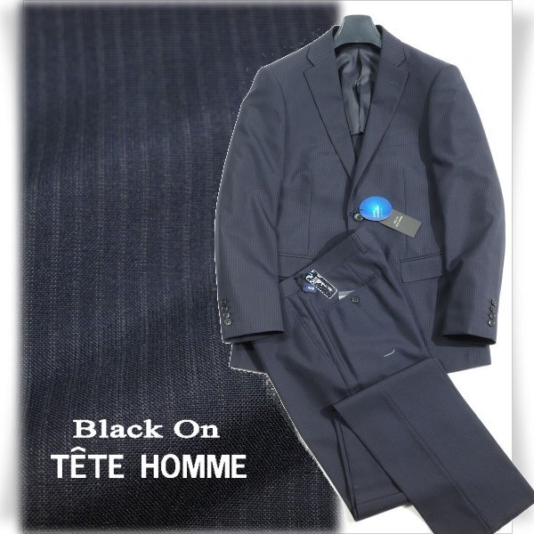 新品1円～★定価4.9万 Black On TETE HOMME テットオム ウール毛 シングル二つボタンスーツ 94A6 ノータック ストライプ 紺 ◆1309◆の画像1