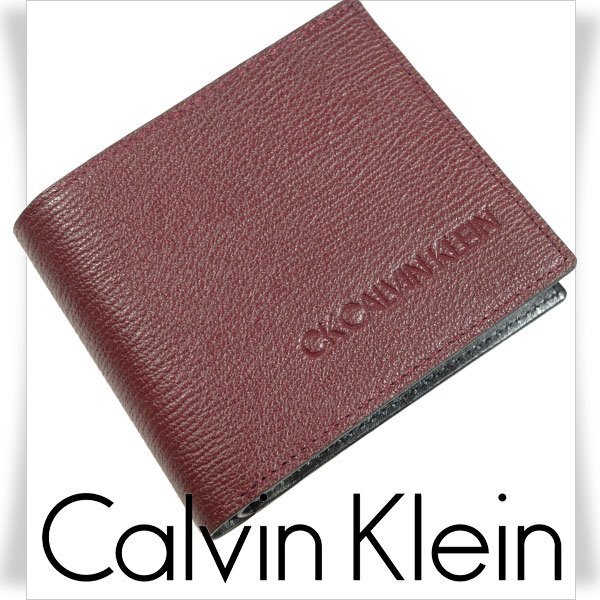 新品1円～★CK CALVIN KLEIN カルバンクライン メンズ 男性用 牛革レザー 二つ折り財布 ブランドロゴ 箱付 ロック ボルドー 本物 ◆1334◆の画像1