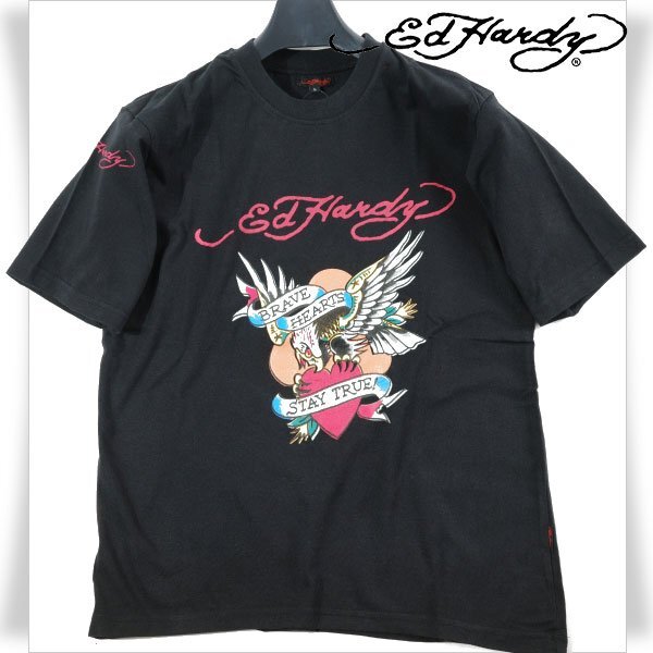 新品1円～★Ed Hardy エドハーディー メンズ 半袖 コットン綿 天竺 Tシャツ L 黒 ブラック クルーネック カットソー ◆1719◆_画像1