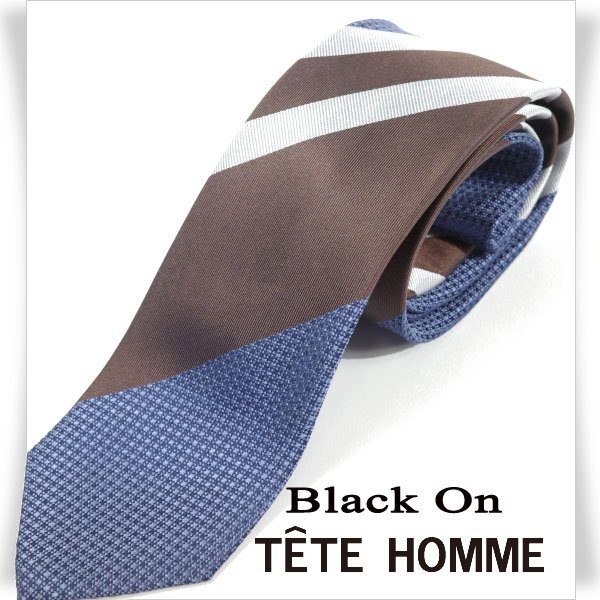 新品1円～★Black On TETE HOMME テットオム シルク絹100％ ネクタイ ストライプ ネイビー ブラウン 正規店本物◆2134◆_画像1