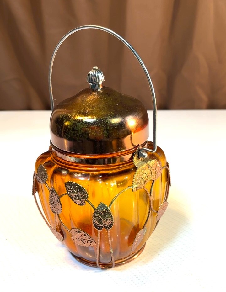#47[ rare not for sale ] Lotte chocolate souvenir Novelty - goods amber glass container candy - pot music box attaching Showa Retro 