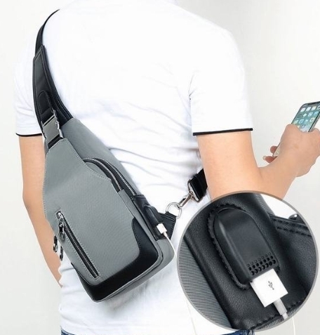  men's men's bag high capacity pocket great number zipper smartphone pouch USB charge Day Pack strap adjustment possible gray body bag 