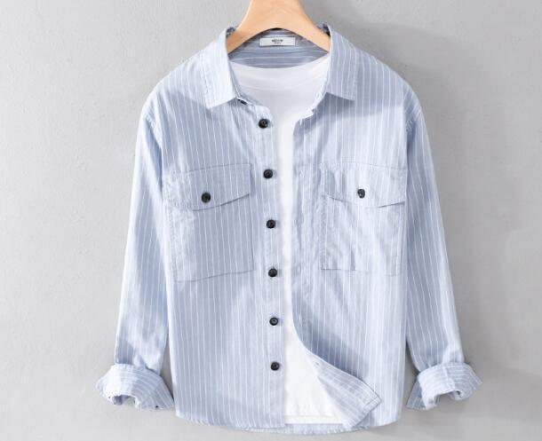 新品 メンズシャツ 長袖シャツ ストライプ柄 ワイシャツ ヴィンテージ 心地良し ワークシャツ カジュアル 三色選択 ライトブルーXL_画像1