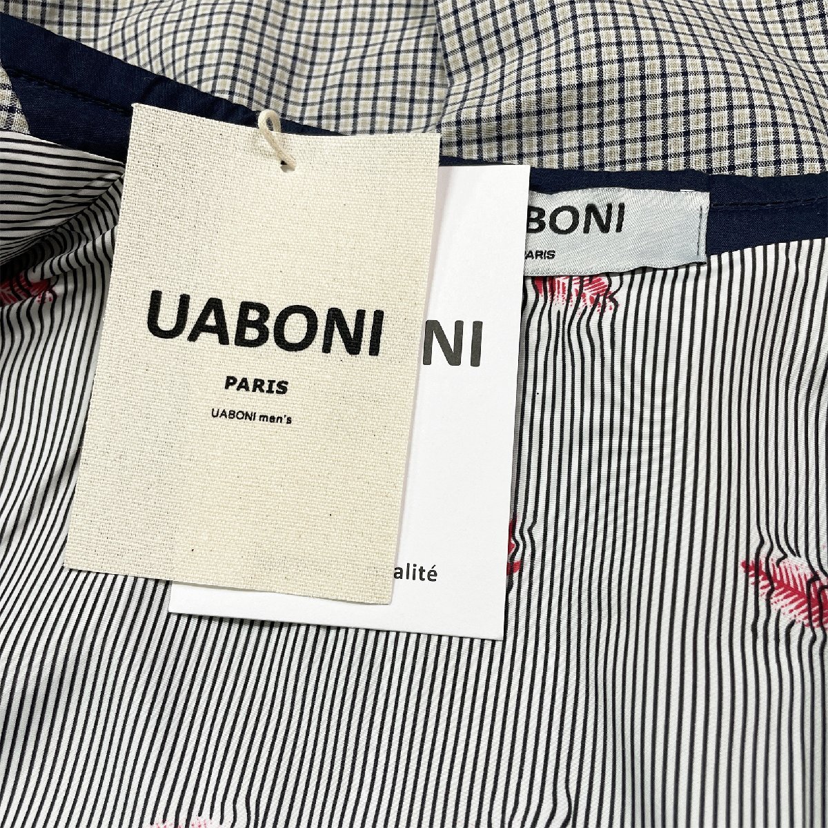 ★★高級EU製＆定価6万◆UABONI*Paris*テーラードジャケット*ユアボニ*パリ発◆上品 リネン混 サマージャケット 七分袖 チェック柄切替M/46_画像9