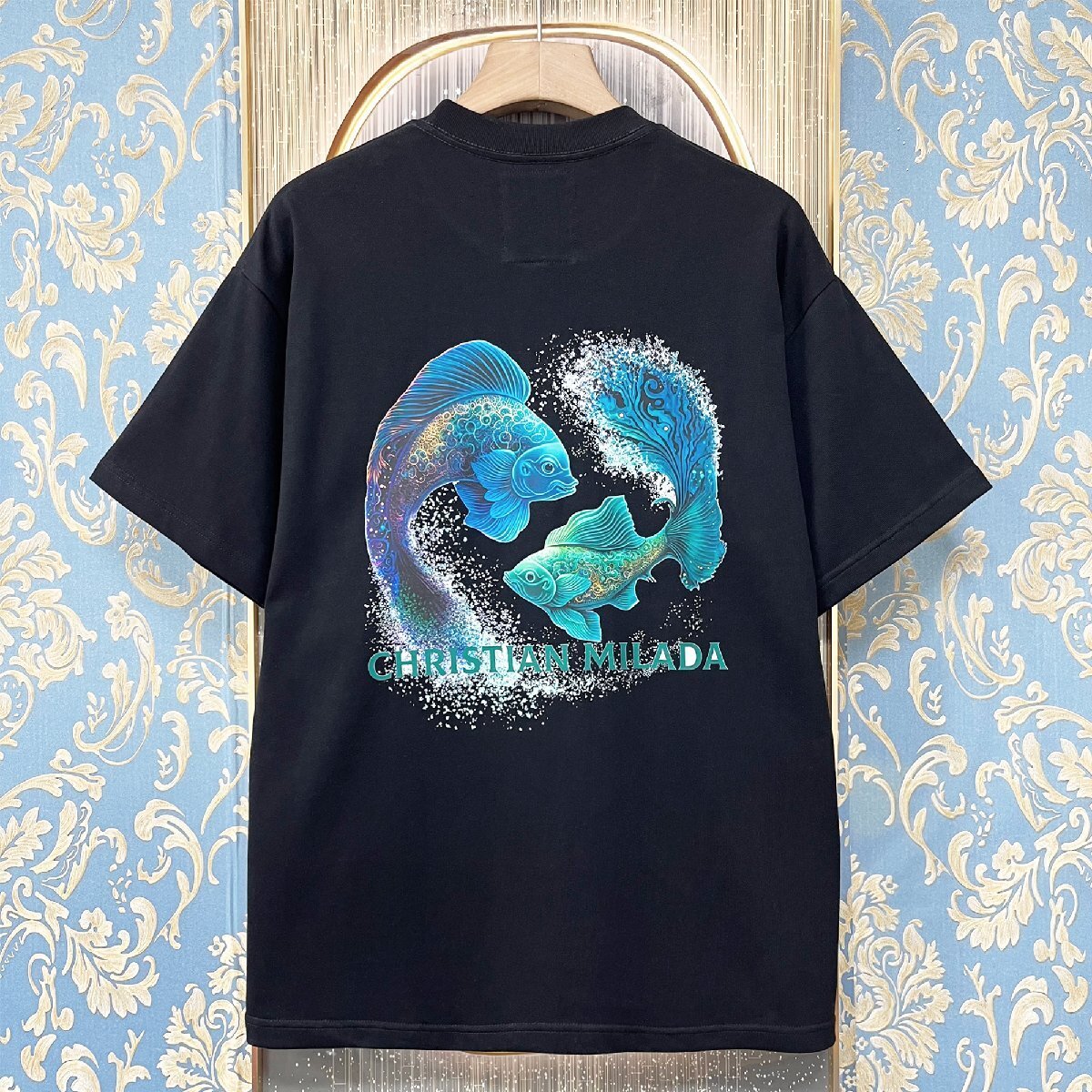 定価2万★christian milada・ミラノ発・半袖Tシャツ★綿100％ 高級 吸汗 通気 個性 魚座柄 トップス カットソー 男女兼用 夏服 XL/50サイズの画像1