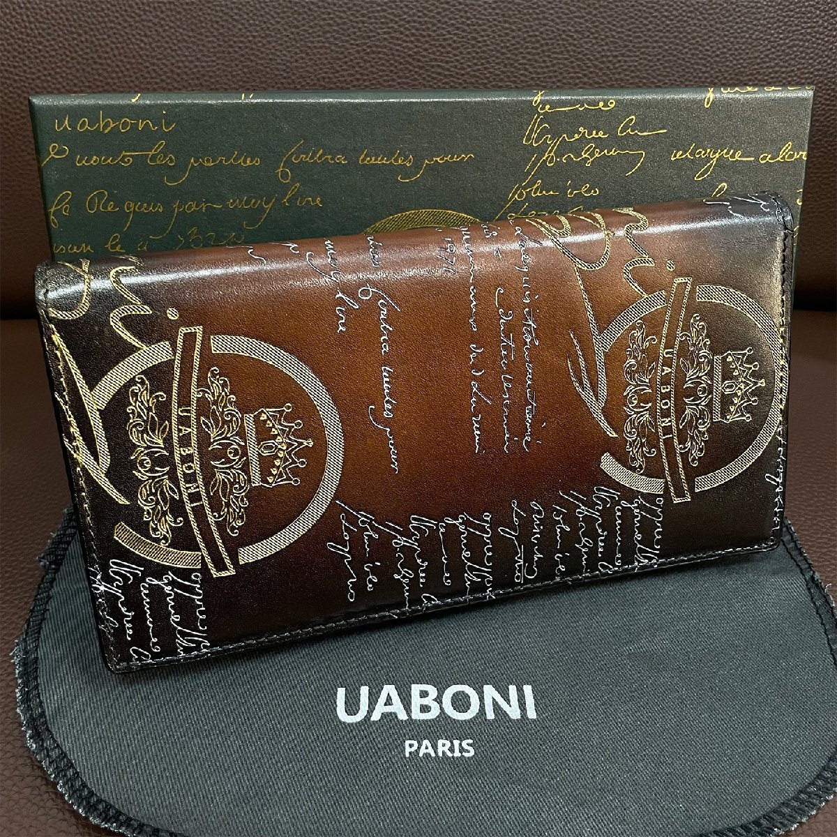 高級 定価17万 特注限定品◆UABONI*ユアボニ*幻のパティーヌ*二つ折り 長財布*EU製◆カリグラフィー ゴールデン 手染 カーフスキン 本革