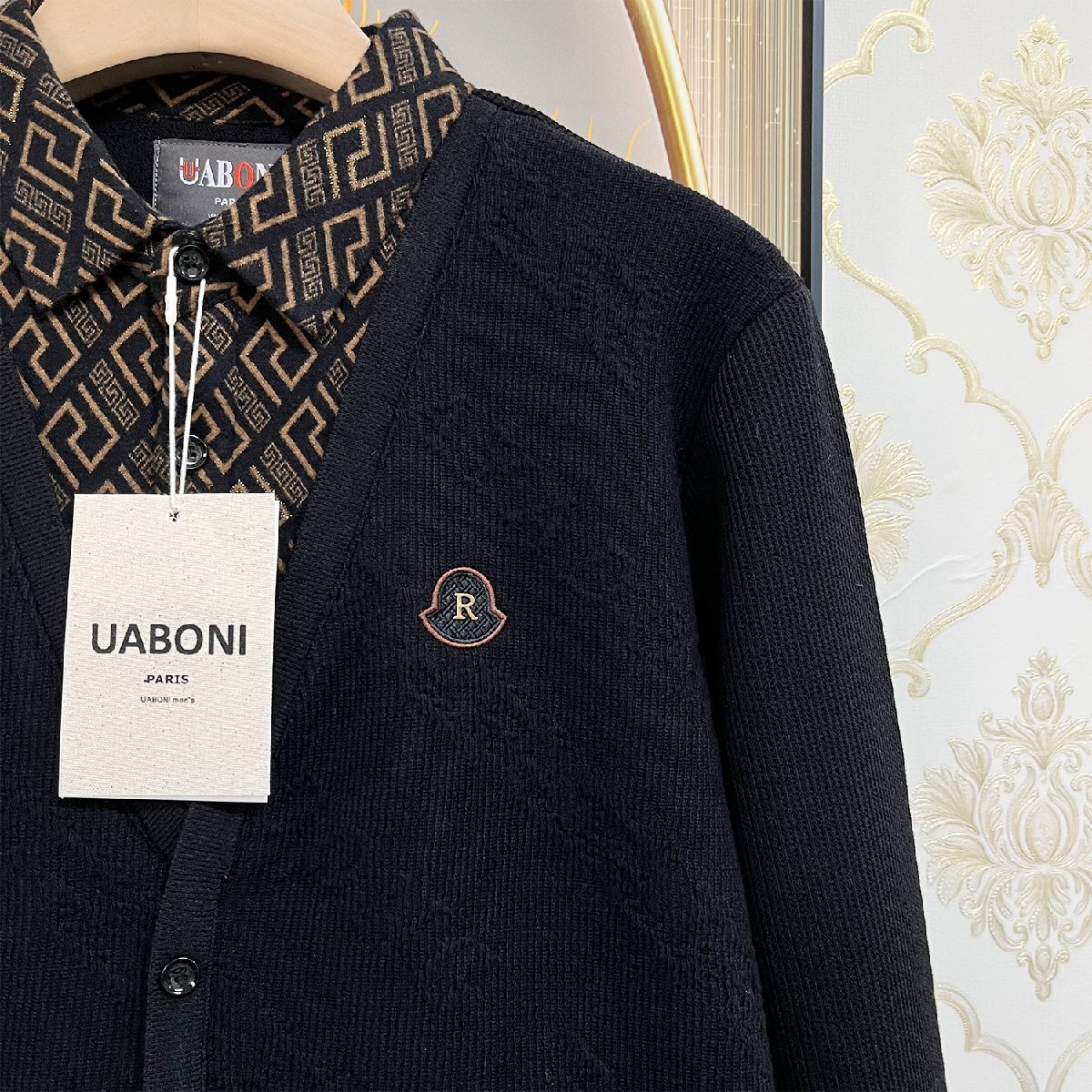 高級EU製＆定価5万◆UABONI*Paris*長袖ポロシャツ*ユアボニ*パリ発◆裏起毛 防寒 快適 切替 ニット レトロ 通勤 紳士 ビジネス L/48サイズ_画像8