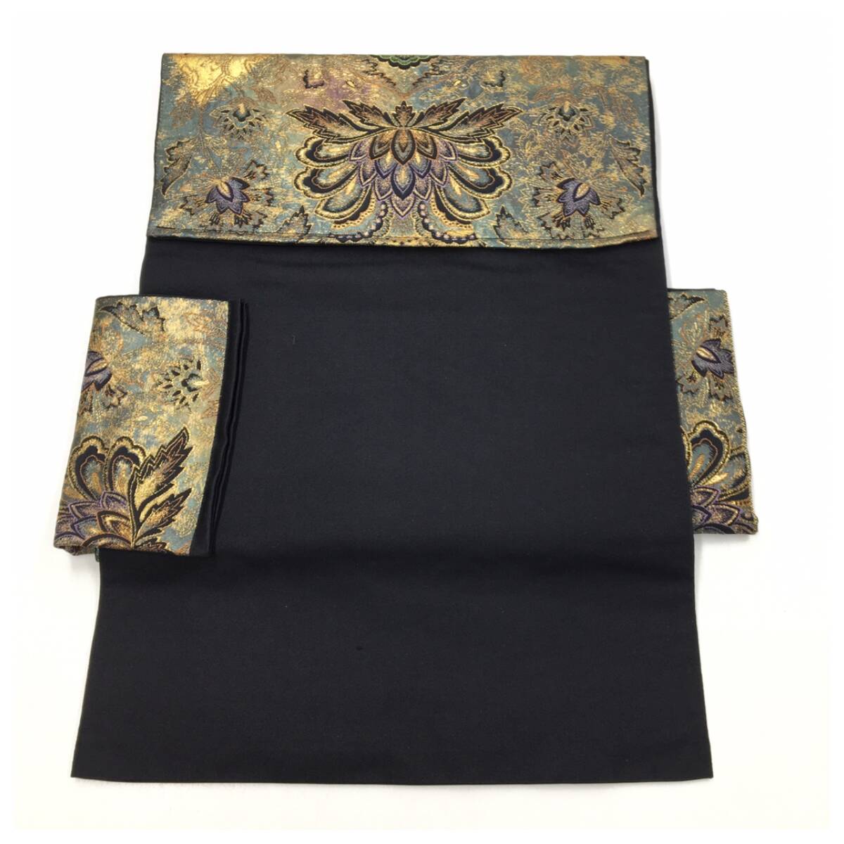 上質　正絹　袋帯　二部式　黒　花模様　薄手　漆箔　二重太鼓　作り帯_画像7