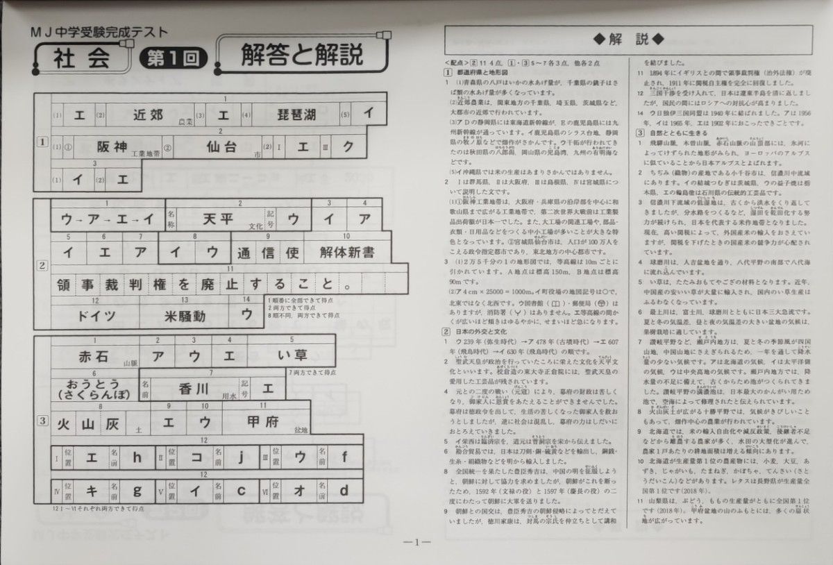 中学受験完成テスト　社会　全8回　中学入試