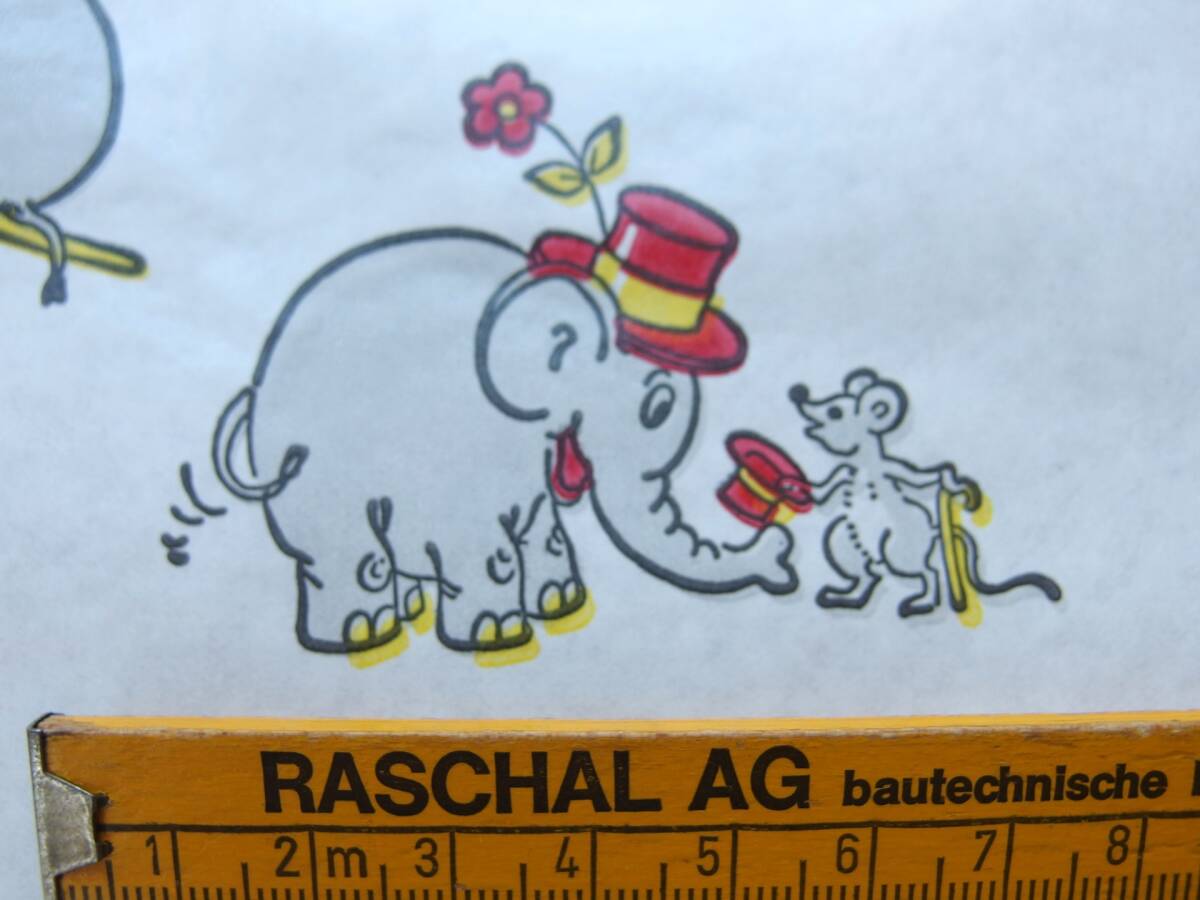 スイス製 ヴィンテージ＆レトロ ワックスペーパー,包装紙 (ネズミと遊ぶ象さん) 50cm×50cm_画像1