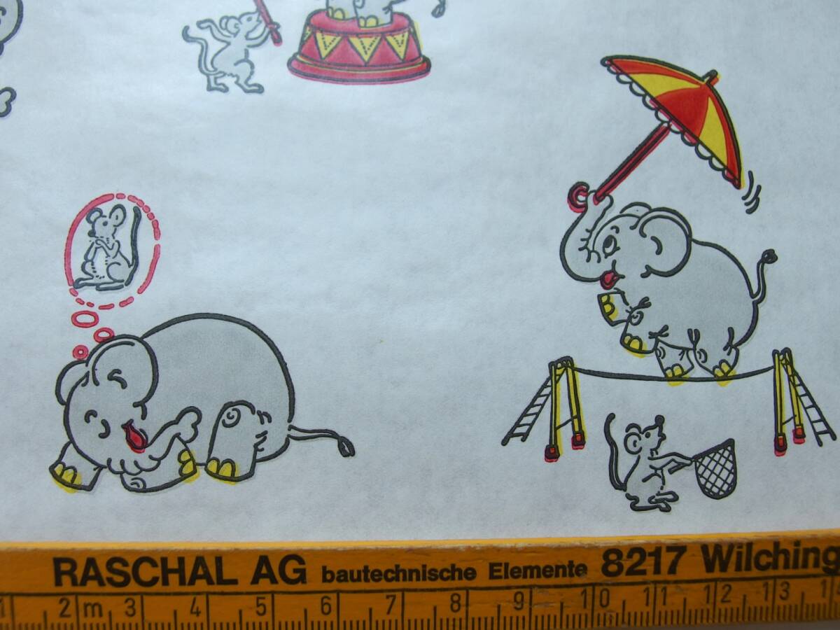スイス製 ヴィンテージ＆レトロ ワックスペーパー,包装紙 (ネズミと遊ぶ象さん) 50cm×50cmの画像3