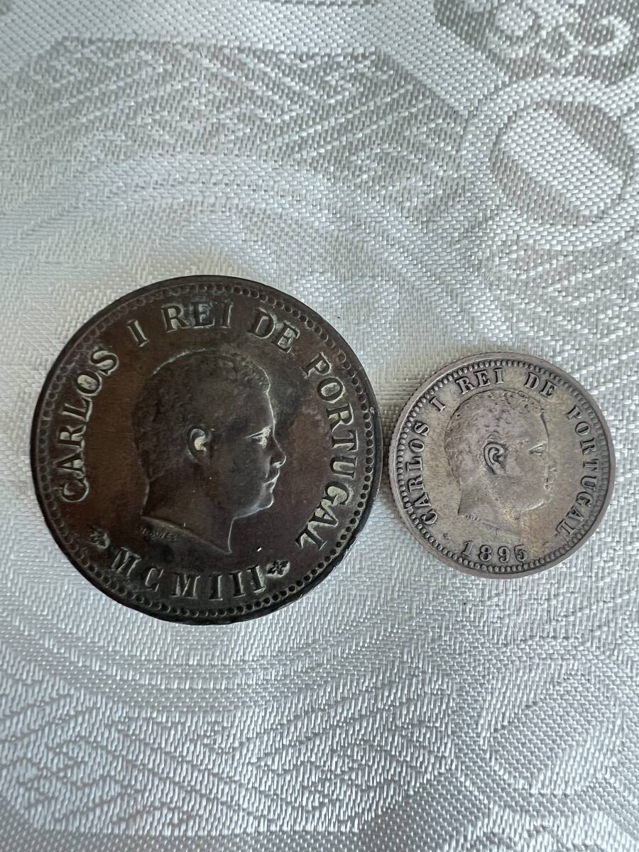 【家族私物】2枚セット★ 1895年ポルトガル　カルロス1世　100レイス銀貨　/ ポルトガル領インド　1901年　カルロス1世　1/2タンガ銅貨　_画像1