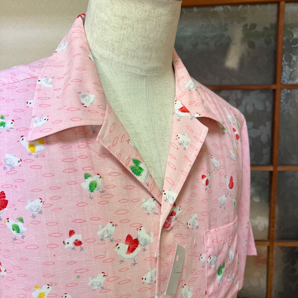 長襦袢着物リメイクーアロハシャツ、薄い、軽い、ピンク色ー総柄 半袖 トップス 綿！_画像5