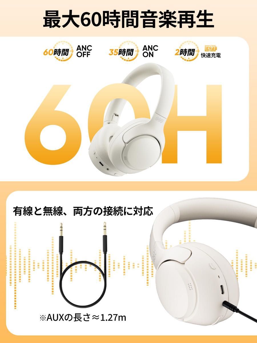 QCY H3 ヘッドホン ワイヤレスヘッドホン ノイズキャンセリング Bluetooth 5.3 ホワイト