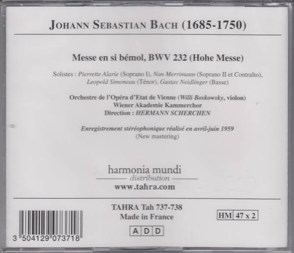 [2CD/Tahra]バッハ:ミサ曲ロ短調BWV.232/P.アラリー(s)&N.メリマン(a)他&H.シェルヘン&ウィーン国立歌劇場管弦楽団 1959_画像2