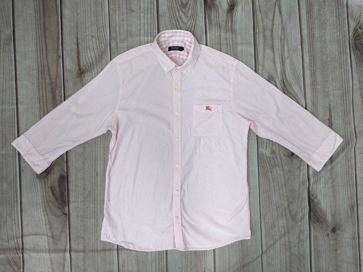 13．バーバリー ブラックレーベル BURBERRY チェック柄 七分丈 半袖ボタンダウンシャツ メンズ3 ピンク白 x708の画像1