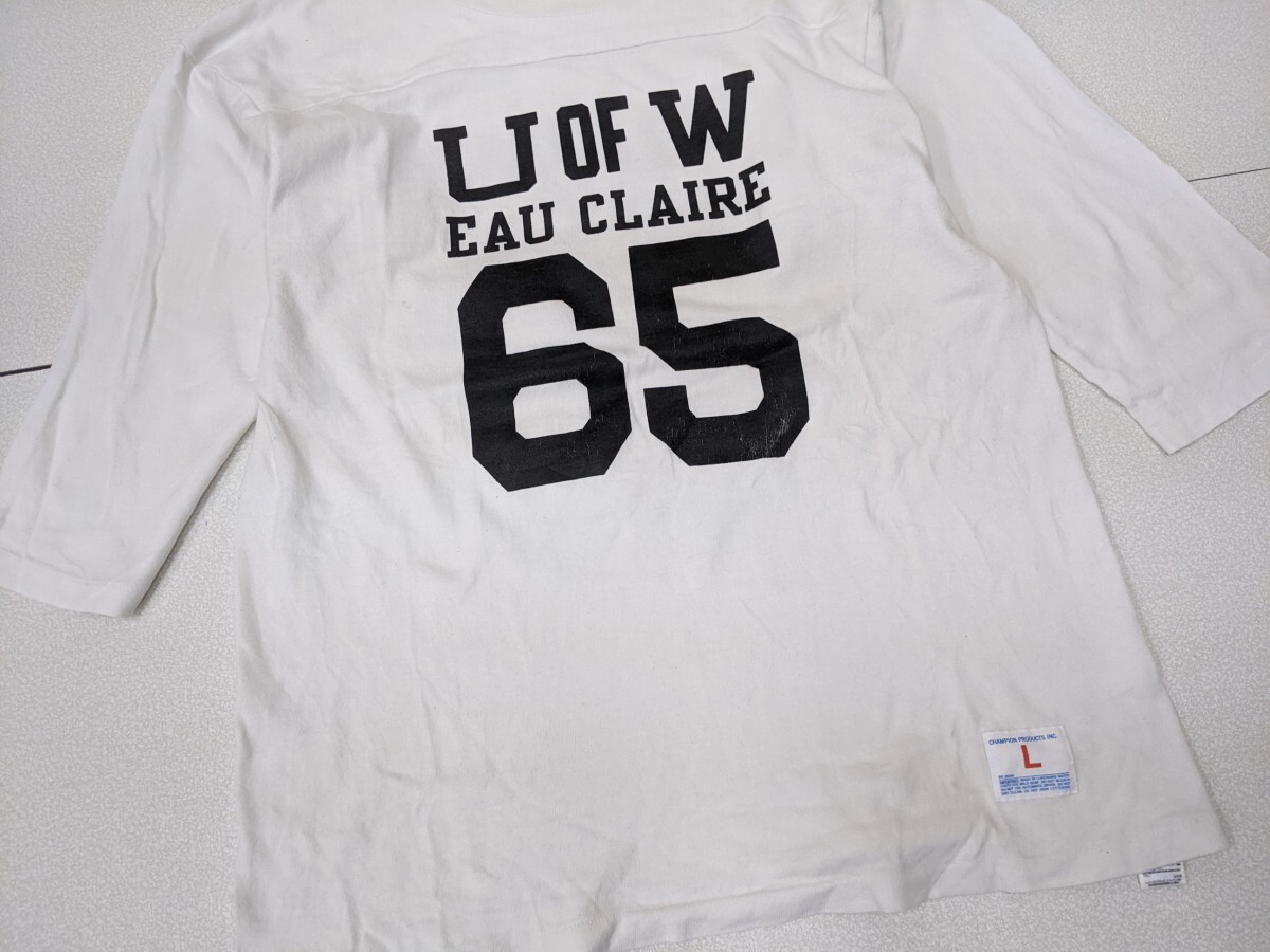 3．日本製 Champion チャンピオン U OF W EAU CLAIRE 65 長袖 フットボール シングルステッチ 長袖 Tシャツ ロンT メンズL 白 x110_画像3