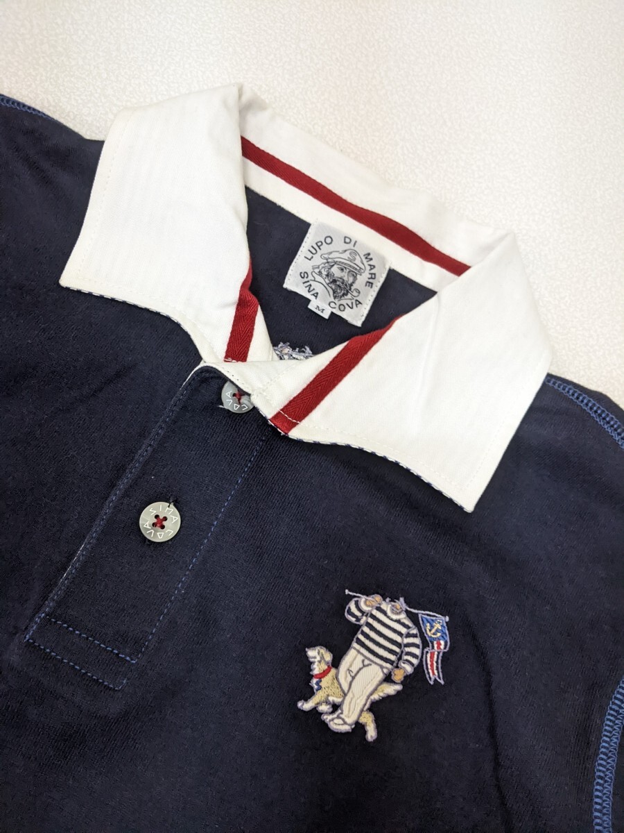 4．シナコバ SINA COVA 袖ワッペン 七分袖ポロシャツ メンズM ネイビー白赤 x110_画像3