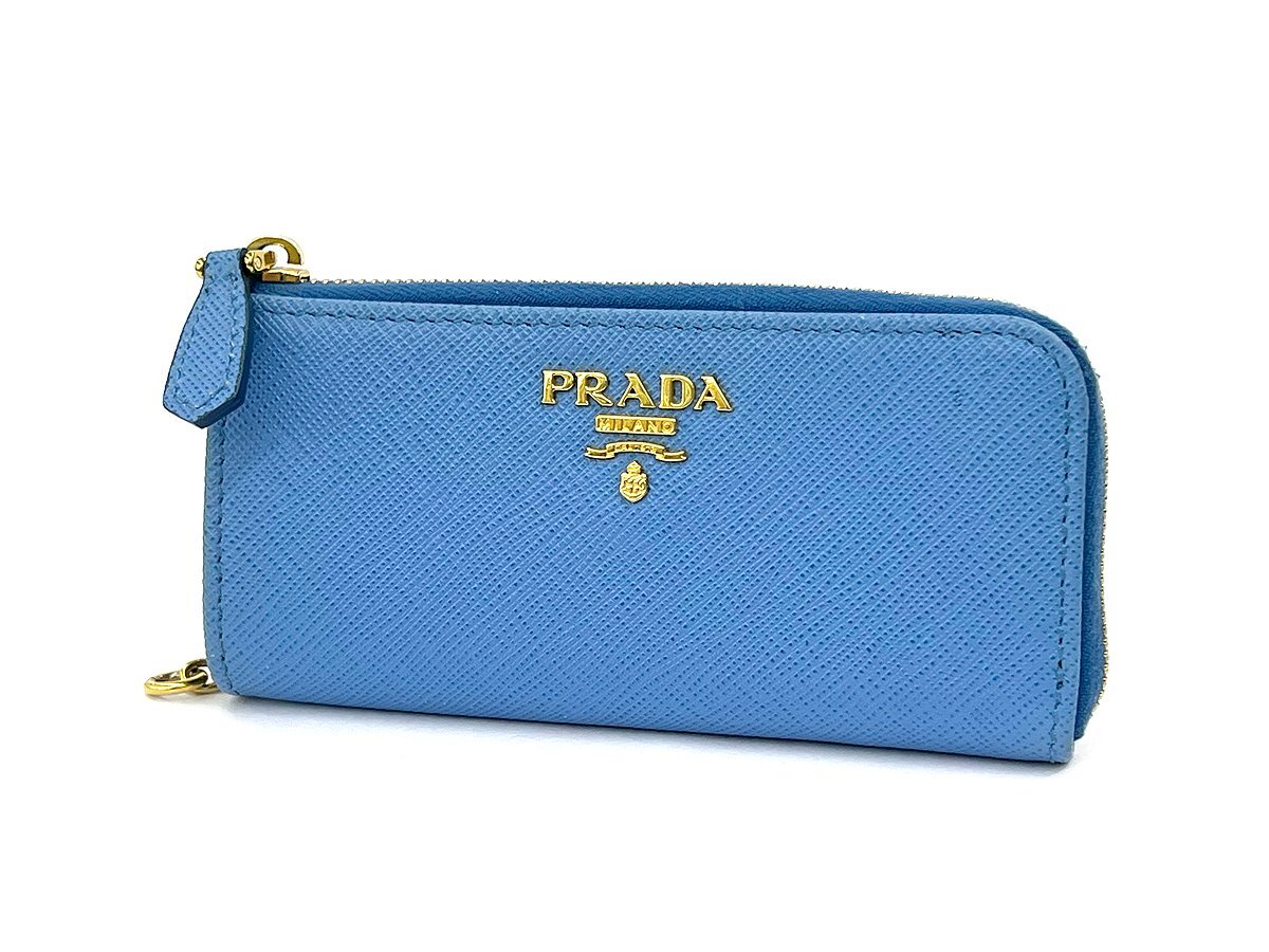 PRADA プラダ SAFFIANO サフィアーノ キーケース L字ファスナー キーリング欠品 レザー ライトブルー コインケース 1PP026_画像1